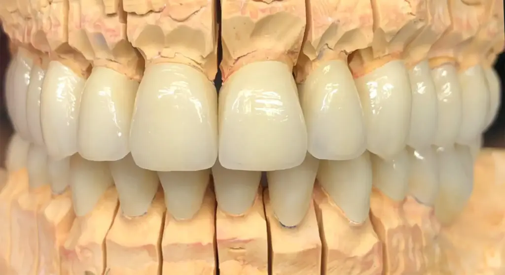 Frontale Ansicht der fertigen keramischen Gesamtrehabilitation für Oberkiefer und Unterkiefer.